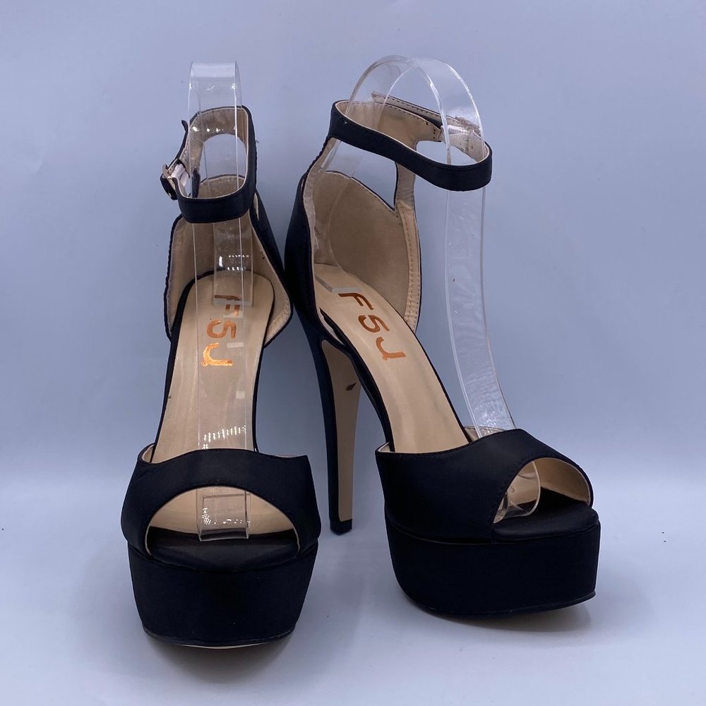 FSJ Black Peep Toe Platform High Heel Sandals